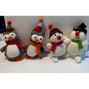 Set of 4 Knit Christmas Holiday Decorations Penguins Snowmen Figurines Ornaments